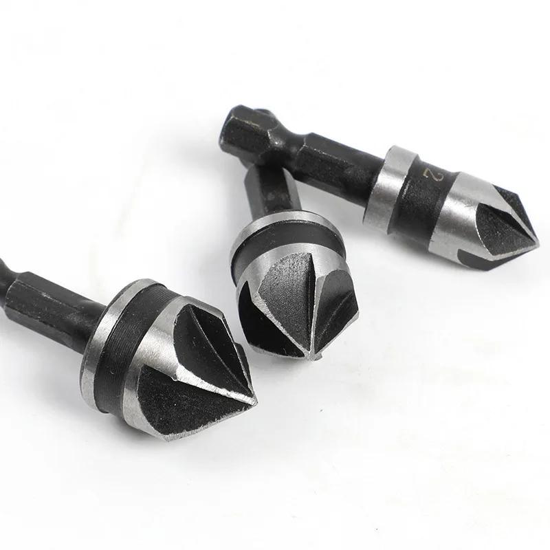 3PC Hexagonal Shank 90 Degree Black Five Blade Chamferer 12/16/19mm Countersink Drill Woodworking Hole Opener Tool Set