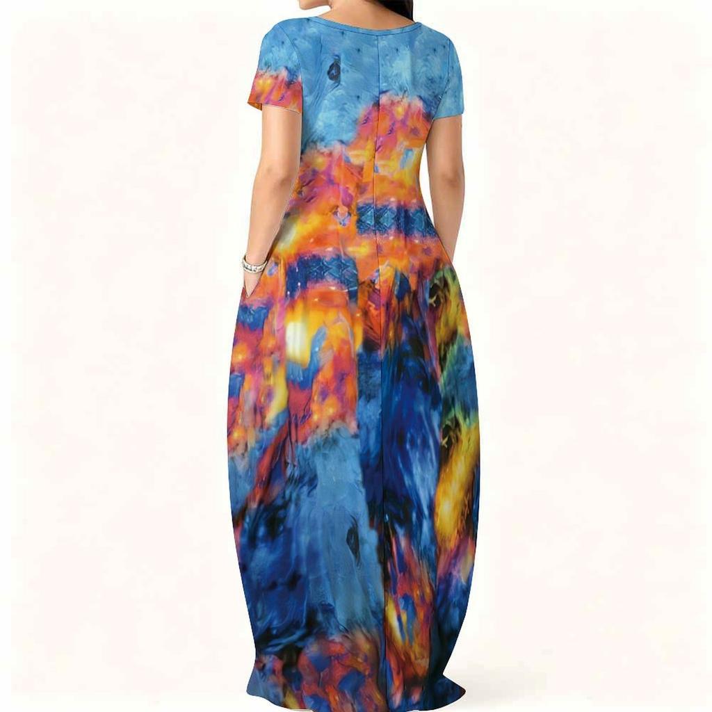 Plus Size Ladies Short Sleeve Crew Neck Dress Flowy Loose Outfit For Summer Family Gathering Wear