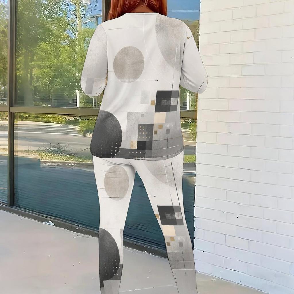 Women Plus Size Round Neck Long Sleeve Printed Two Piece Set Gray Black White Fitted Top And Pants