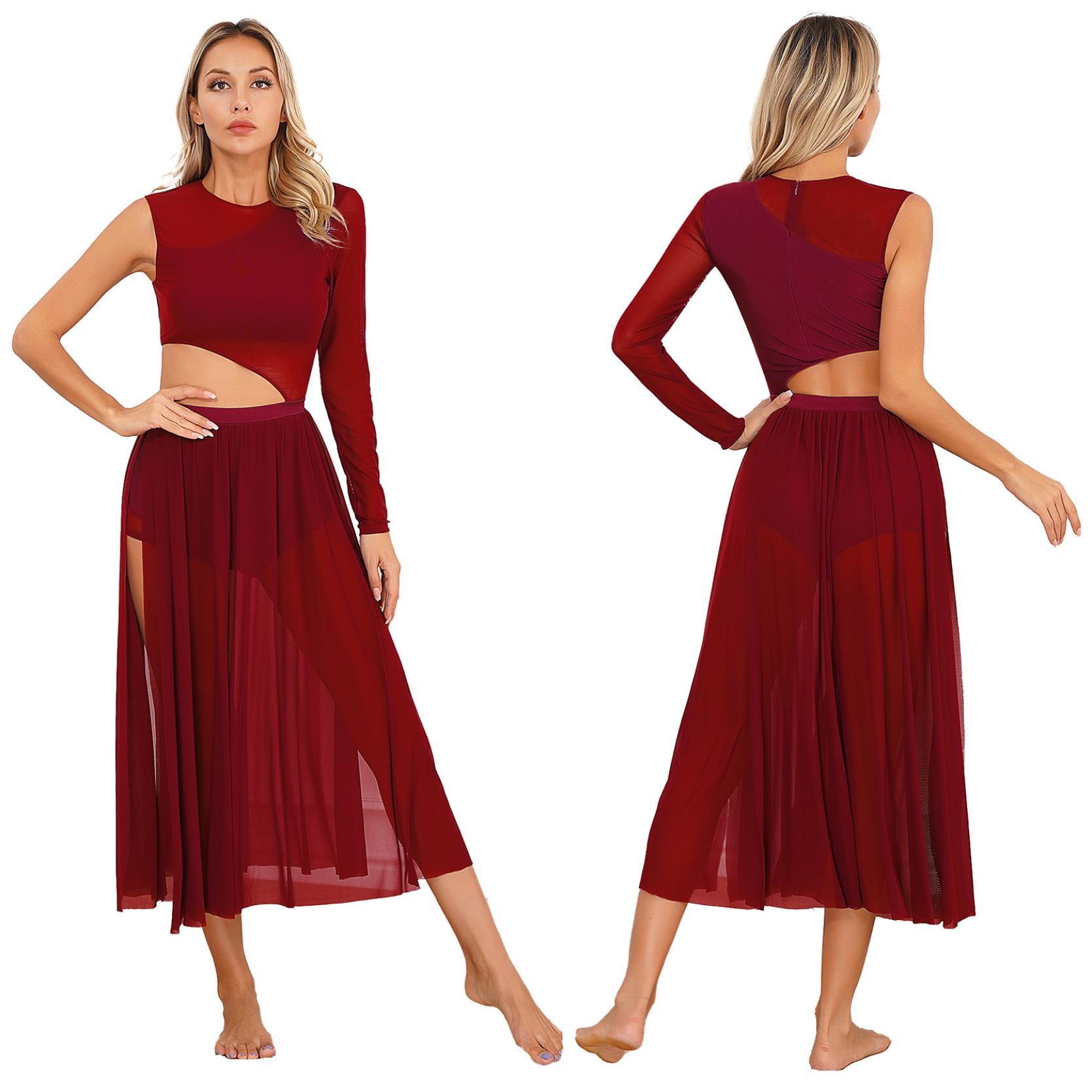 

Женские лирические танцевальные костюмы без рукавов, сетчатое тюлевое струящееся длинное платье макси, современная танцевальная одежда S бордовый