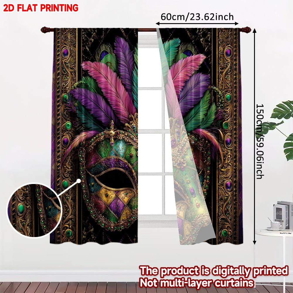 2D Flat Printing 2pcs Curtain Scene Curtains Mardi Gras Feathered Mask Digital Printed Polyester Drapes Party Decorations