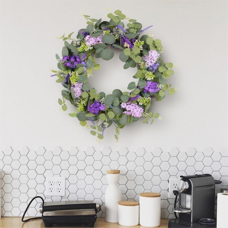 Artificial Spring Wreath Purpler Flower Wreath for Front Door Garden Outdoor