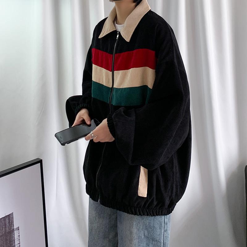 Men's Versatile Korean Contrast Color Corduroy Jacket - Spring/Autumn, Loose Fit Casual Top
