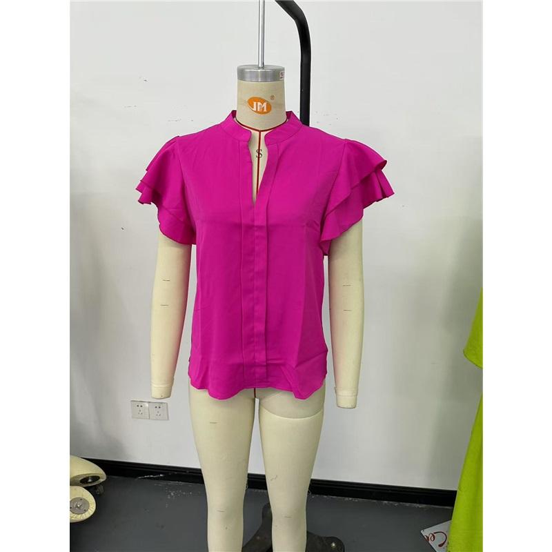 Summer New European And American V-neck Flying Sleeve Shirt Slim Fit And Slimming Chiffon Top