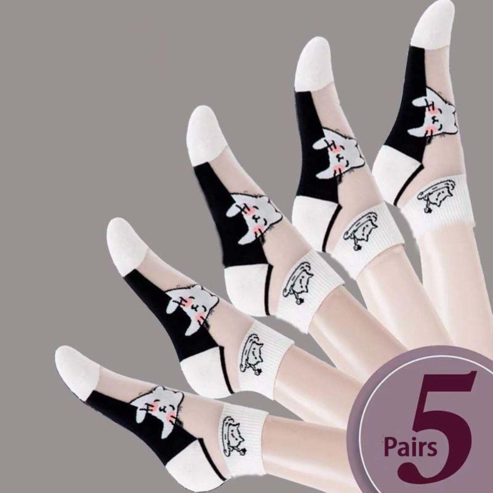 5Pairs Wear-resistant Short Socks Breathable Sport Socks Casual Black and White Cat Socks