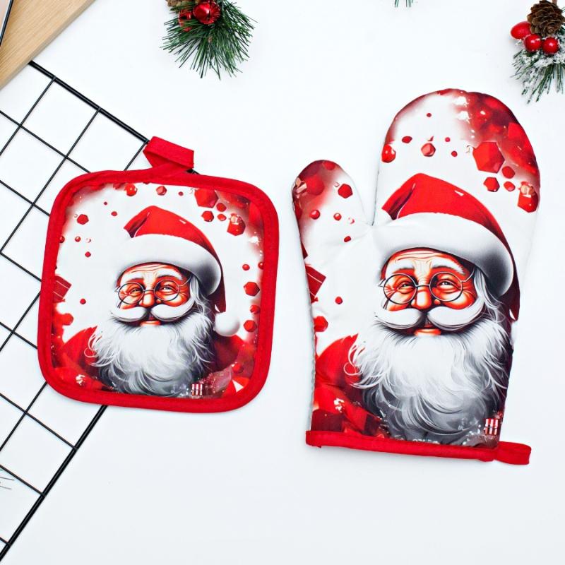 Christmas Oven Gloves Santa Claus Snowman Bell Pattern Insulated Gloves Decorative Gift Home Kitchen Christmas Decoration