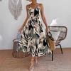 Summer Women's Printed Tie Halter Neck Sleeveless Waist Cinched Long Dress, European American Style Casual Dress