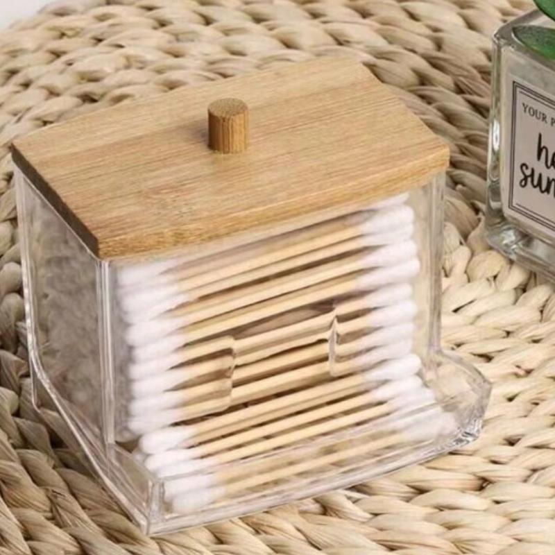 1. Acrylic Cotton Swab Holder and Bamboo Cover Transparent Cotton Swab Storage Ear Holder, Toothpick Storage, Decoration