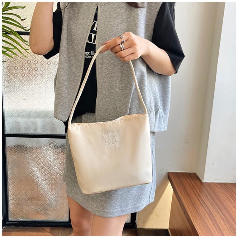 Korean Style Letter Underarm Bag Tote Bag Handbag Embroidery Shoulder Bag Pure Color Large Capacity Nylon Bucket Bag Women 1Pc