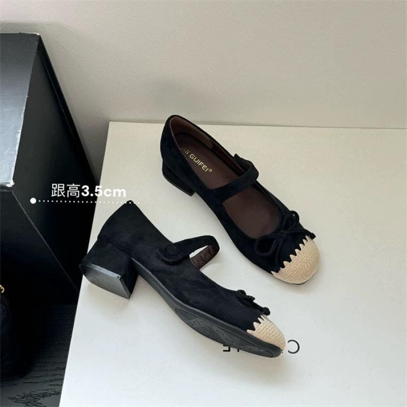 French Small Fragrant Splicing Round Head Thick Heel High Heel Single Shoes Temperament Versatile Commuter Mary Jane Shoes