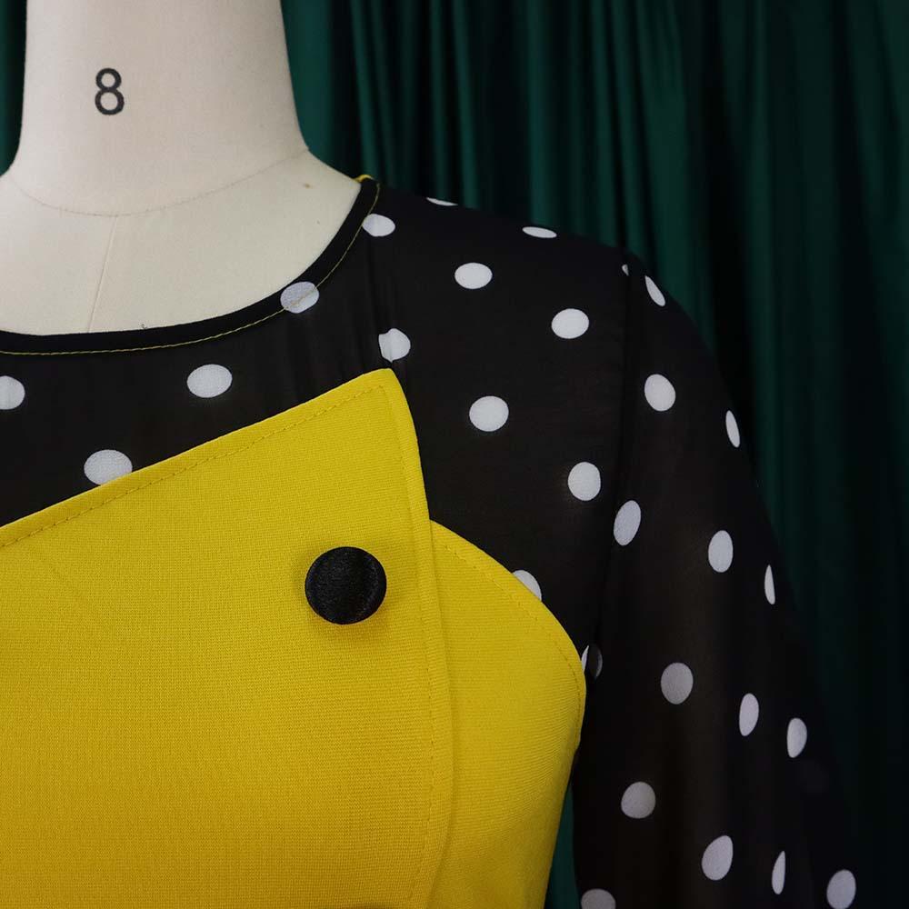 Large Size Women Spring Autumn Fashion Patchwork Polka Dot Dress Ladies One Piece Elegant Round Collar Sheath Dress