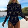 Women Long Sleeve One Piece Swimsuit Zip Front  Colored Drawing  Print Rash Guard Surfing Bathing Suit