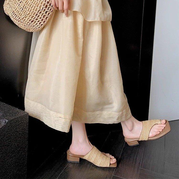 French Retro Vacation Style Woven Toe Cool Slippers Outer Wear Women's 2025 Summer Niche Design Thick Heel Sandals