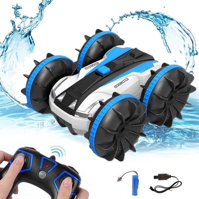 WEECOC RC Boat, Amphibious Stunt Car, High Speed, 4-Wheel Drive, 360-Degree Rotation, USB Rechargeable, Shockproof, Kids Gift (Blue)