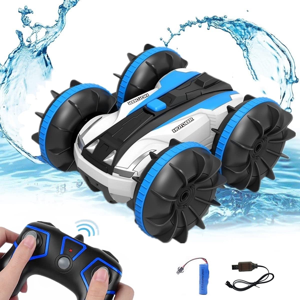 

WEECOC Радиоуправляемая лодка, Амфибия-трюкач, Высокая скорость, Полный привод, Вращение на 360 градусов, Зарядка от USB, Ударопрочный, Подарок для детей (синий)