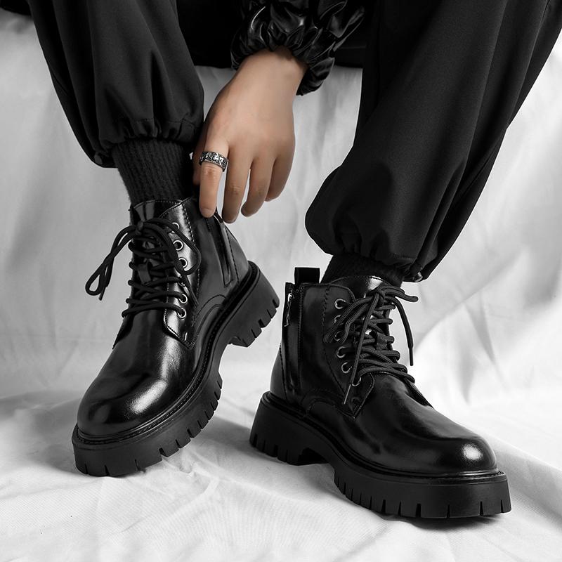 Men Italian Style Streetwear High Top Casual Platform Thick Sole Leather Shoes Male Business Fashion Dress Wedding Leather Shoe