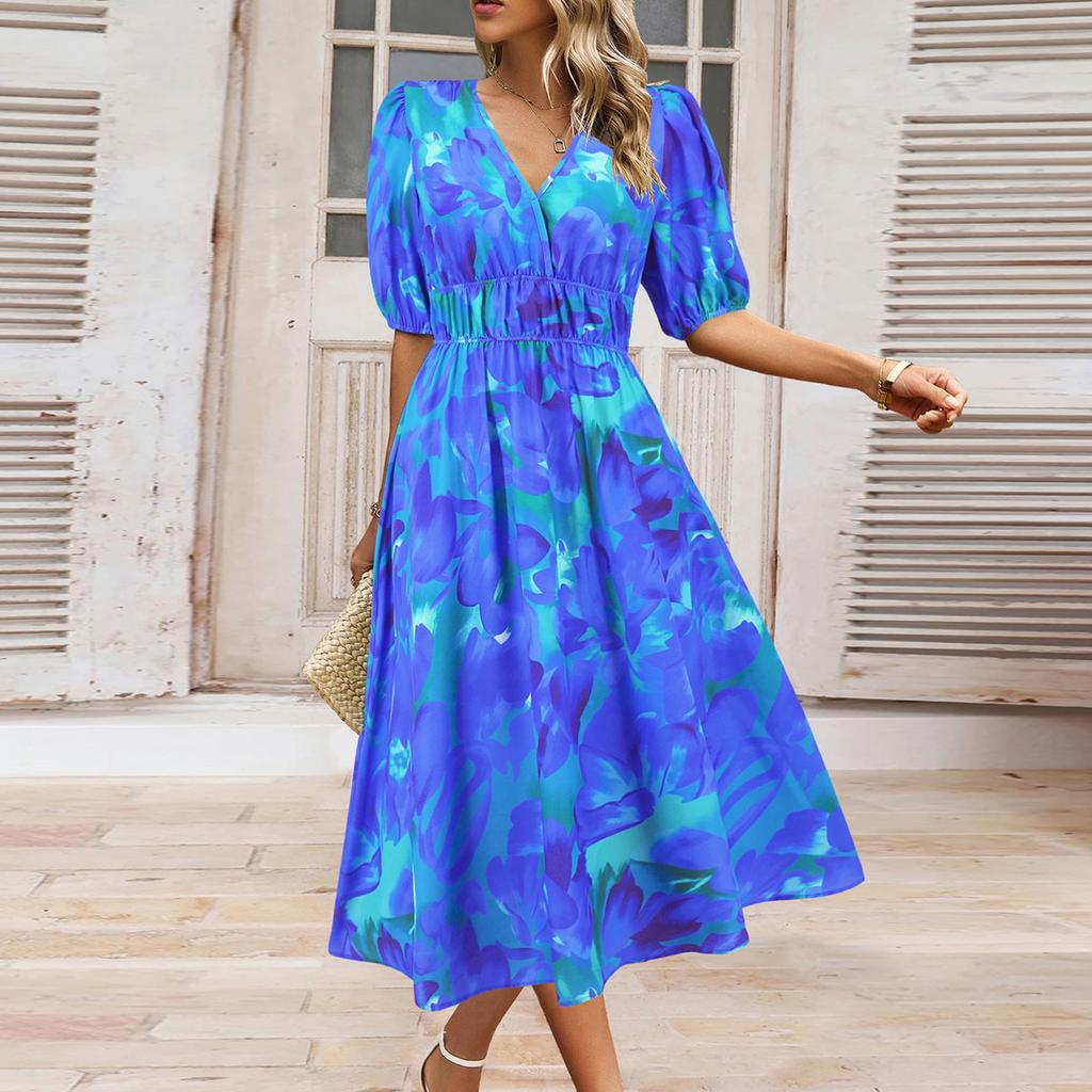 Women's V-Neck Bohemian Print Short Sleeve Dress A-Line Skirt