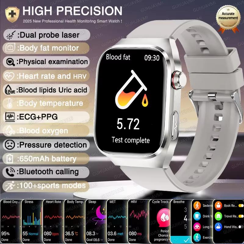 2025 New High-end Laser Detection Health HD Smart Watch Men ECG+PPG Precise BP Fat Uric Acid Call Sports Pulse Tracking Watche