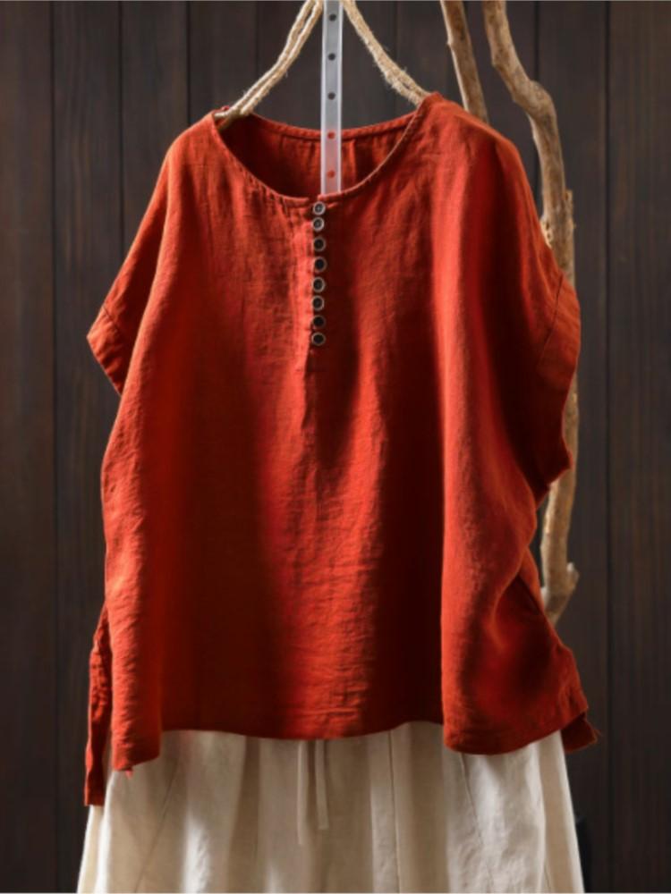 Johnature Women Vintage Button T-Shirts Solid Color O-Neck Sleeveless Summer Loose Button Female T-Shirts