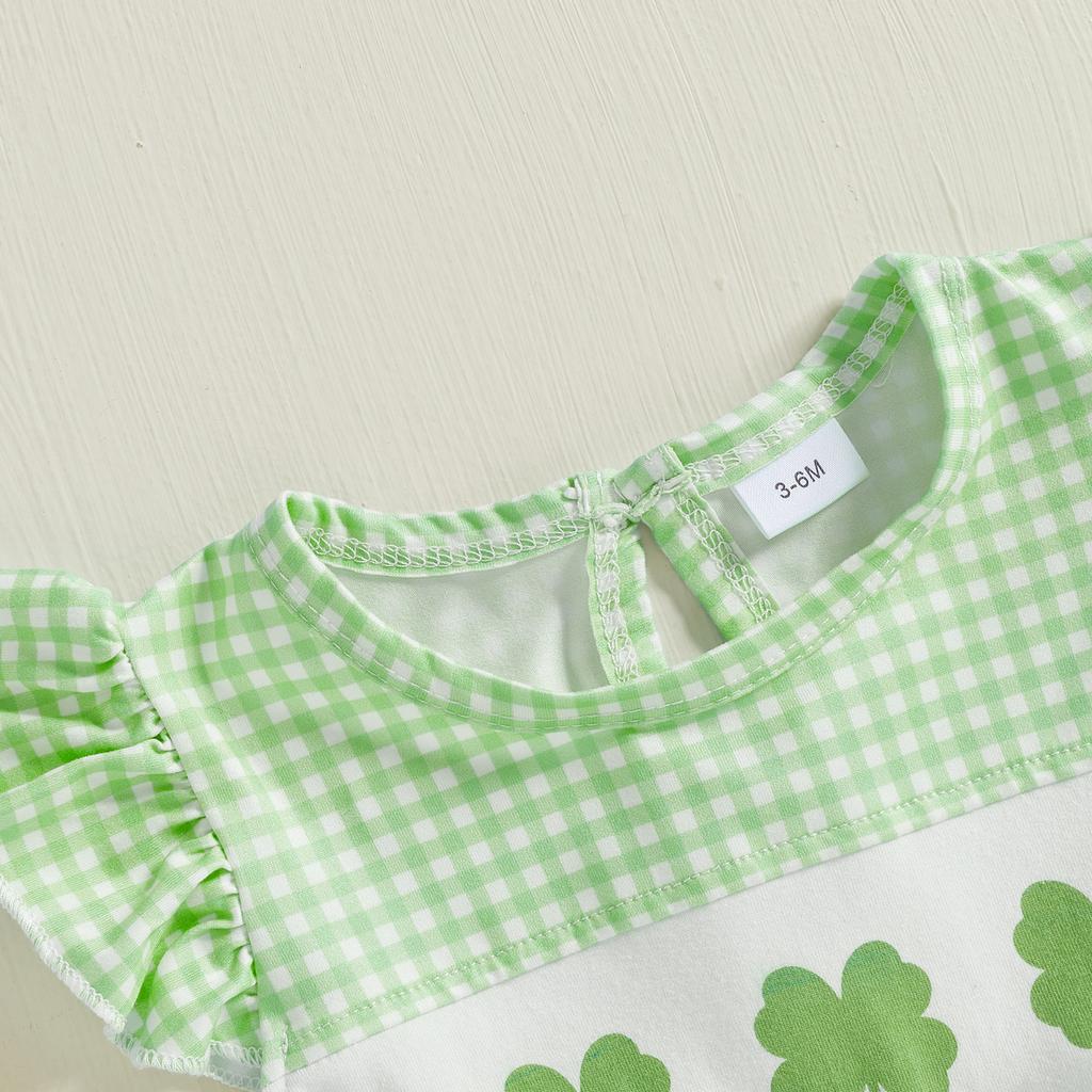 Baby Mädchen Karomuster Strampler Klee-Druck Schleife Fliegenärmel Body Niedlicher Frühlings-Jumpsuit Irische Kleidung