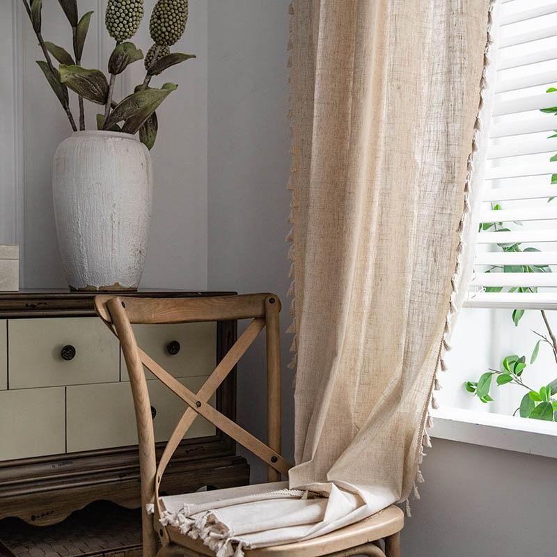 American Style Simple Solid Color Imitation Bamboo Knot Hemp Beige Tassel Bedroom Living Room Shading Insulation Window Curtain