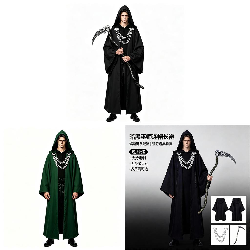 Costume da Mago Gotico con Cappuccio a Catena per Feste di Halloween e Cosplay