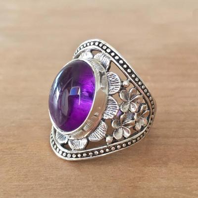 Amethyst Silver Inlaid Nepalese Vintage Unisex Ring Metal Retro Ring Nepal Men Women's Ring Flower Fashion Jewelry