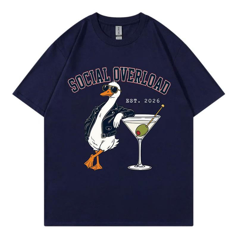 Social Overload Funny Goose Meme T-shirts High Street Fashion Trend Short Sleeve T Shirt Men Women Casual Cotton Summer T-shirt