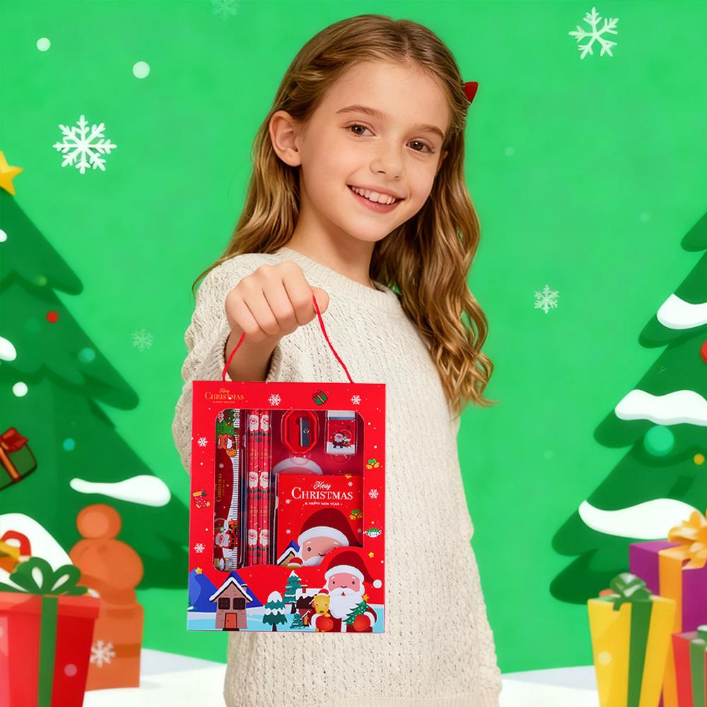 6Pcs Christmas Stationery Gift Set Christmas Party Favors Xmas Stationery Gift Include Cartoon Xmas Notebook Pencil Ruler Eraser
