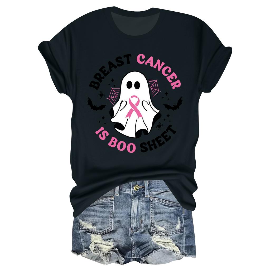 Women's Casual Halloween Breast Print T-Shirt Round Neck Pullover Short Sleeve Top