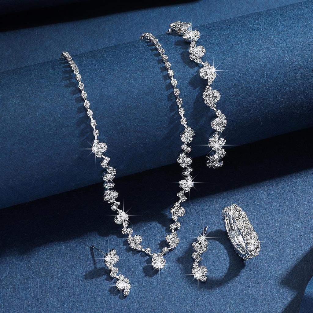 High-End Women's Jewelry Set: Bridal Necklace, Earrings, Bracelet & Ring