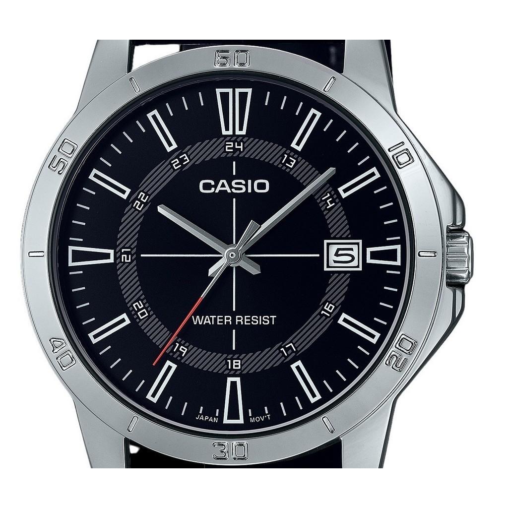 Casio Standardowy męski zegarek analogowy ze skórzanym paskiem i czarną tarczą. Kwarcowy zegarek MTP-V004L-1C