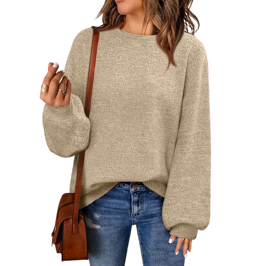 Women's Fashion Round Neck Pullover Sweater Casual Versatile Solid Color Knit Top