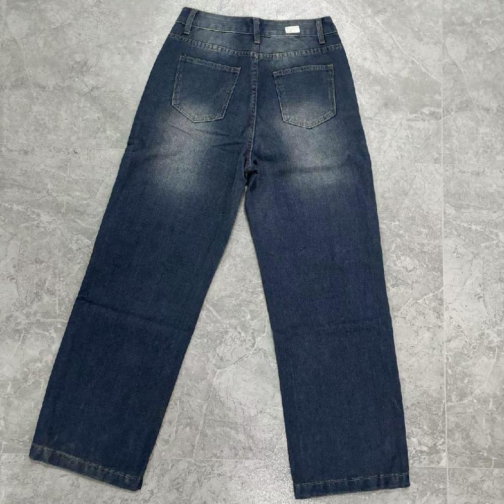 Women Vintage Washed Denim Jeans Middle Waist Wide Leg Pants Ladies Casual Full Length Baggy Jean Trousers