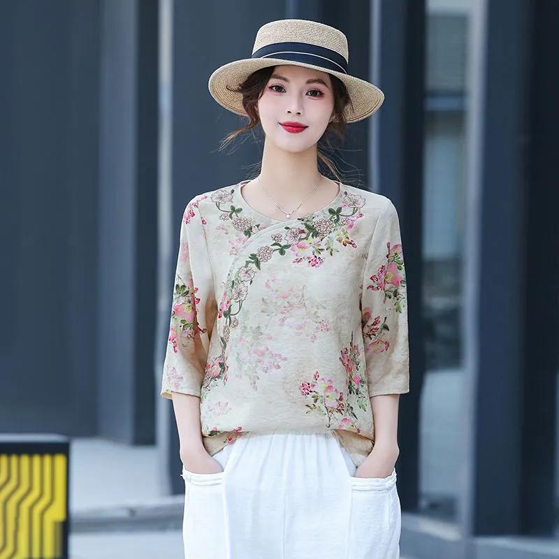 Women's Pink Chinese Style Floral Print Blouse Round Neck 3/4 Sleeve Casual Top