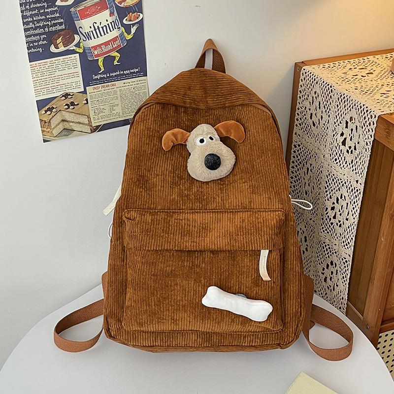 Wind Cute Puppy Schoolbag Female High School Student Corduroy Schoolbag Casual Campus Backpack College Student