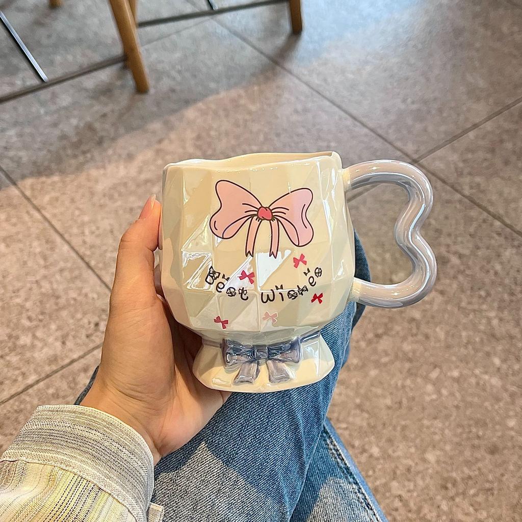 Bow Mug High Looking Girl Heart Cup Ceramic Water Cup Home Couple Office Coffee Breakfast Cup