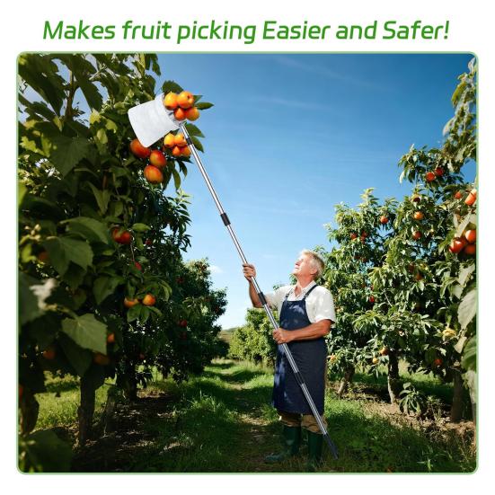 Long Handle Fruit Picker Metal Fruit Harvesting Claw with Cloth Bag Stainless Steel Pole Adjustable Tree Fruit Harvester for Apples
