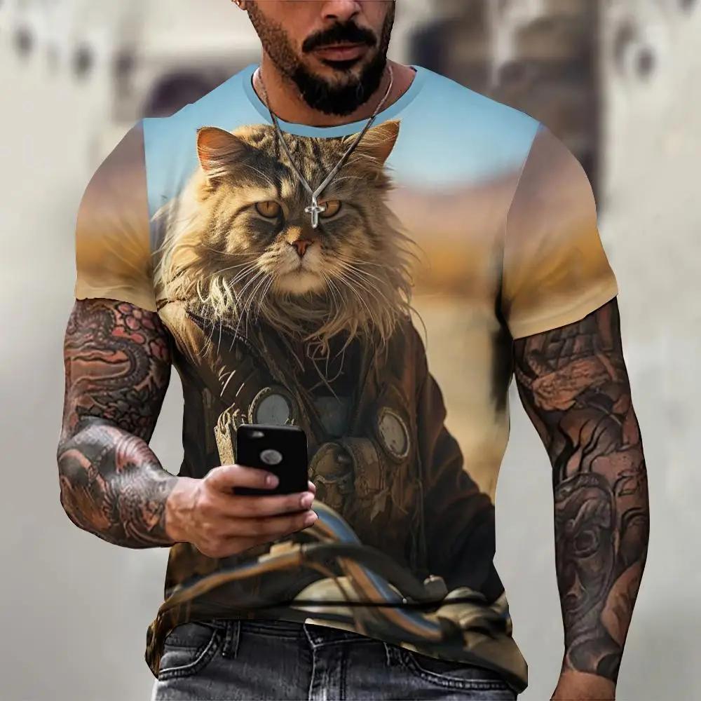 Men's 3D Printed T-Shirt Cute Cat Pattern Print Short Sleeve O-Neck Pullover Casual Top