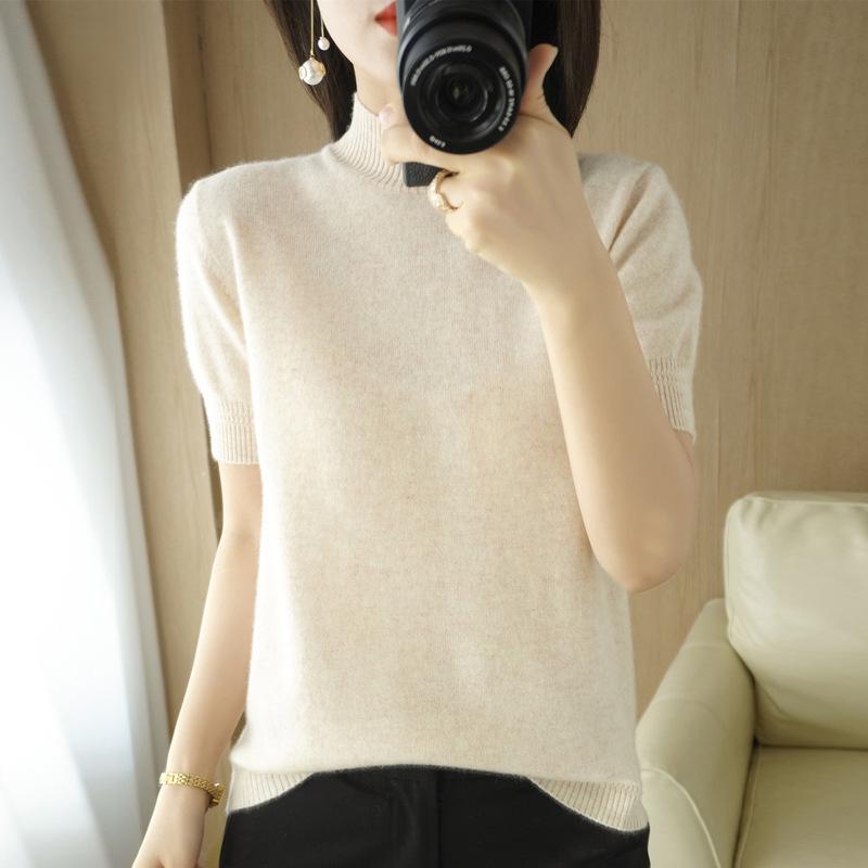 Women's Wool Blend Half High Neck Short Sleeve Sweater