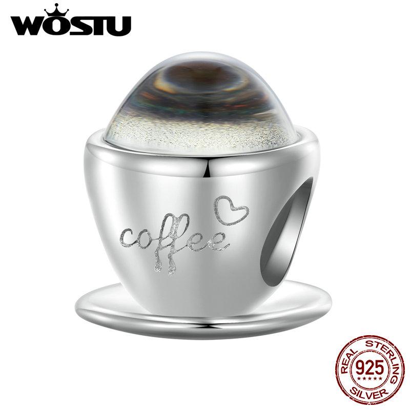 WOSTU 925 Sterling Silver Glittering Glass Coffee Cup Bead Charms for Women Original Necklace Bracelet