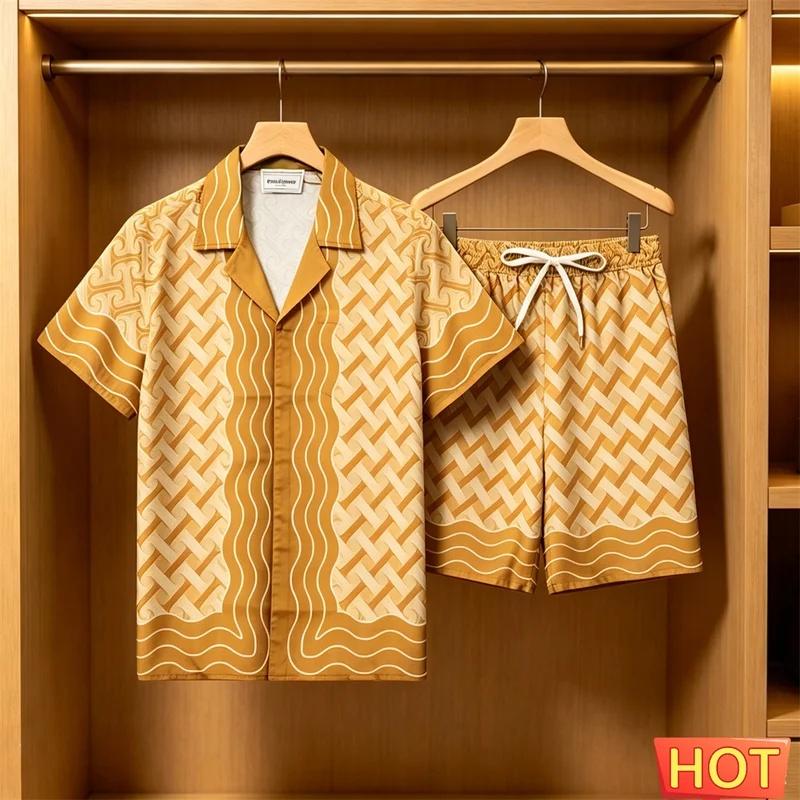 Men's Summer Set Fashion 3D Striped Print Short-Sleeve Shirt and Shorts