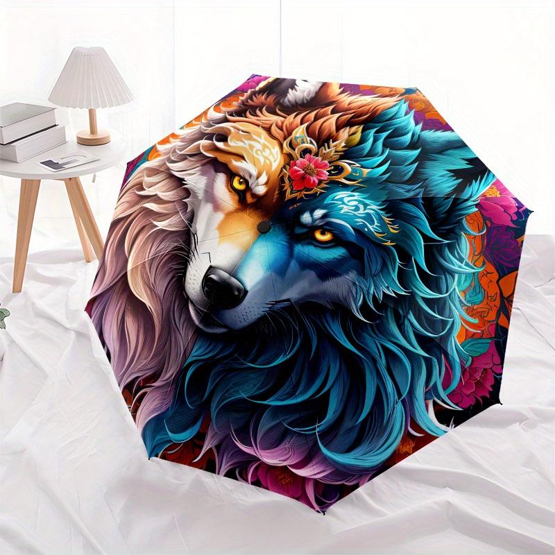 Colorful Wolf Head Circle Sticker Decal for Laptop Phone Car BumperUmbrella, Portable 3-Fold Compact Umbrella for Men & Women ES3