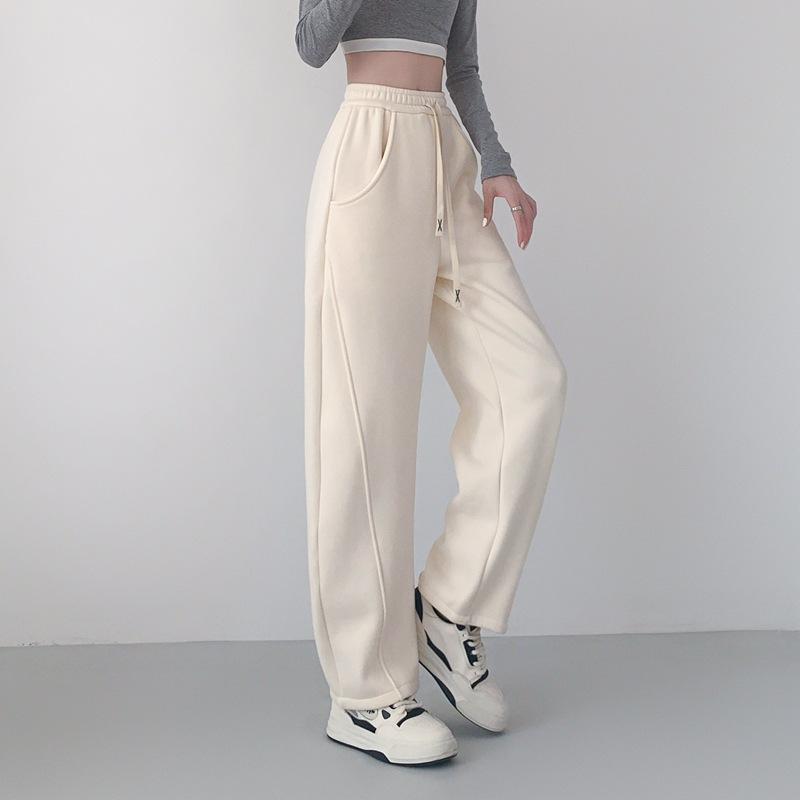 Warm Winter Straight Pants Women's Plush Fleecing Thermal Wide Leg Silhouette Trousers Corduroy Baggy Black Trousers