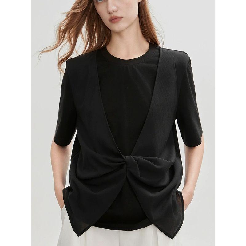 

Династия Хань Французский твист Стильная, подчеркивающая фигуру футболка с круглым вырезом и коротким рукавом Женская 2025 Лето Новинка Лиоцелл Тенсел Плечевая футболка Black XL