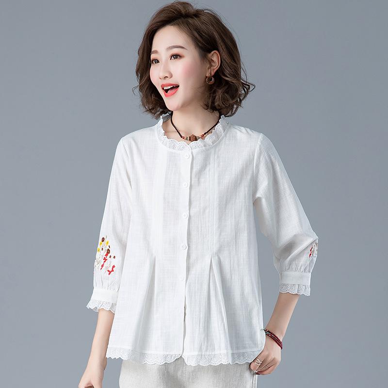

Весенне-летняя свободная рубашка большого размера с рукавами три четверти, рубашка с вышитым воротником в виде листьев лотоса, женская удобная женская одежда M белый