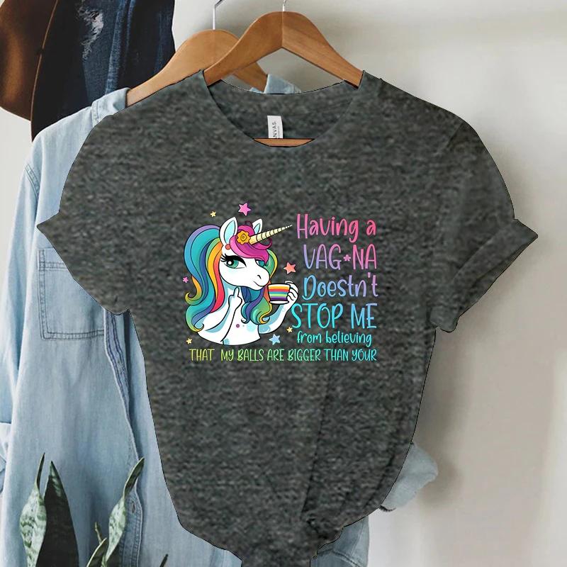 Rainbow Unicorn T Shirt Funny Cartoon Tops Summer Women Streetwear Y2K Aesthetic T Shirts Grunge Harajuku Tee Shirt Female