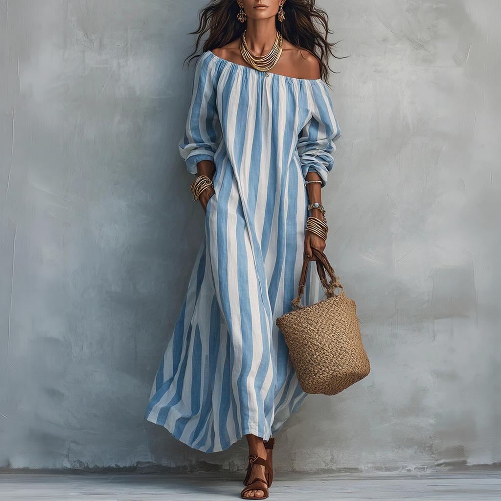 Women's Striped Off-Shoulder Dress for Vacation and Holiday Beach Wear