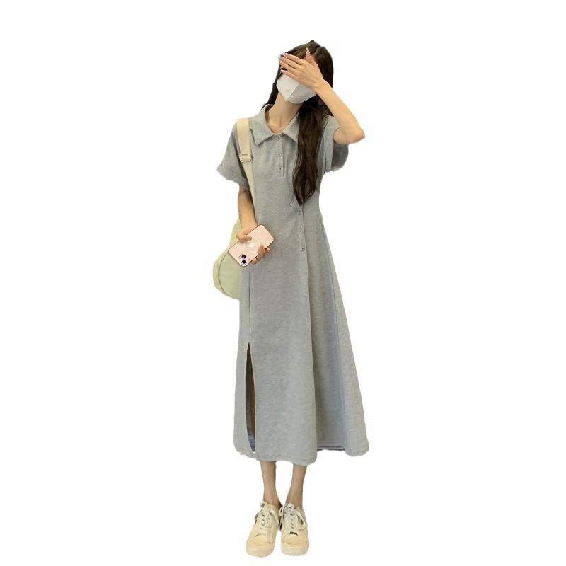 Polo Collar Split-ended Dress for Women's Summer Niche Design Sense, Waist and Thin Medium and Long French Short-sleeved A-shaped Skirt