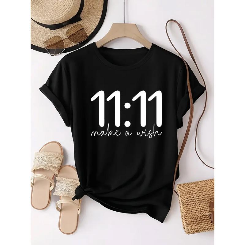 

European sizes 11:11 Make a Wish | Fashionable Printed Crew Neck Short Sleeve T-Shirt for Women, Comfortable and Casual Sports Top 4XL чорний